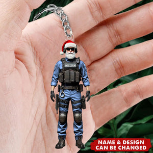 Custom Name & Color Tactical Santa Officer Keychain, Unique Holiday Gift for Police
