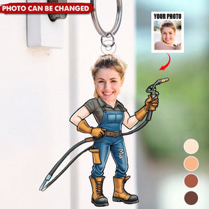 Welder Cartoon Portrait - Personalized Photo Keychain - Gift for Metalworker