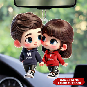 Cute Cartoon Couple Holding Hands Personalized Acrylic Car Hanger Ornament, Anniversary Gift for him, Gift for her