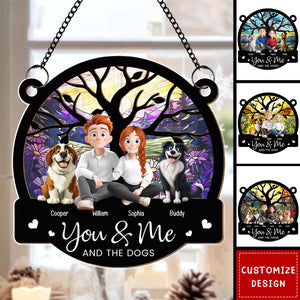 Cartoon Version You & Me And The Dogs - Personalized Window Hanging Suncatcher Ornament