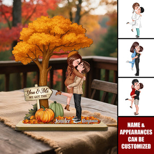 Fall Season Couple Hugging Kissing Under Tree Personalized Standing Wooden Plaque