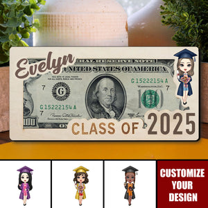 Cartoon Grad Cap Character - Personalized Wooden Money Holder, Gift For Graduates