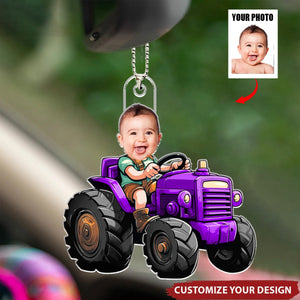Custom Face Boy Loves Tractors - Personalized Photo Car Ornament