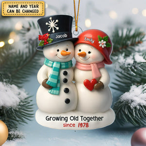 3D Effect Snowman Couple Growing Old Together - Personalized Acrylic Flat Ornament, Gift For Couple