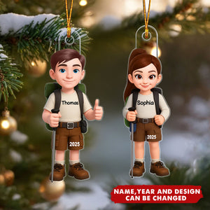 Christmas Boy Girl Hiking - Personalized Christmas Acrylic Ornament
