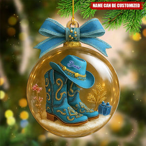 Personalized Blue Boot Cowboy Cowgirl Horseback Riding Christmas Ornament