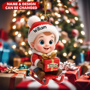 Baby Festive Cheer on a Sled Personalized Acrylic Christmas Ornament, 2025 Keepsake for Newborn