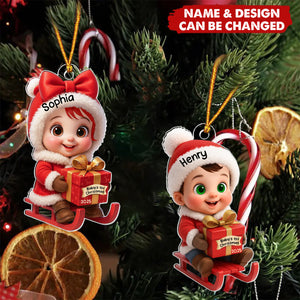 Baby Festive Cheer on a Sled Personalized Acrylic Christmas Ornament, 2025 Keepsake for Newborn