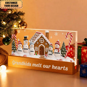 3D Effect Snowman Family Grandparents In Snow - Personalized Acrylic Block LED Night Light