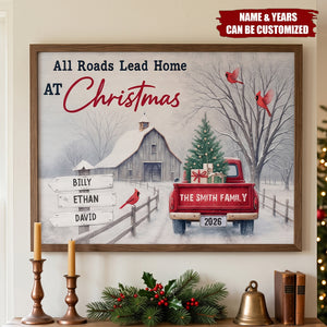 All Roads Lead Home At Christmas With Red Truck and Cardinal Birds, Personalized Horizontal Poster