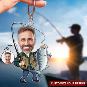 Custom Photo Fisherman Cartoon - Personalized Acrylic Keychain - Father's Day, Gift For Dad, Grandpa
