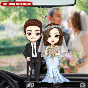 Cartoon Bride And Groom Personalized Car Ornament