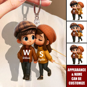 Fall Season Cute Cartoon Couple Walking Personalized Keychain