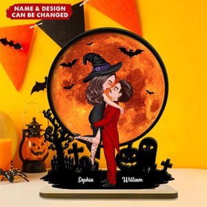 Couple Hugging Under Halloween Moon Personalized 2-Layer Wooden Plaque