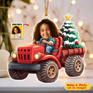 Kids Riding Red Truck With Christmas Tree - Personalized Acrylic Photo Ornament