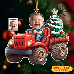 Kids Riding Red Truck With Christmas Tree - Personalized Acrylic Photo Ornament