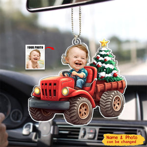 Kids Riding Red Truck With Christmas Tree - Personalized Acrylic Car Ornament