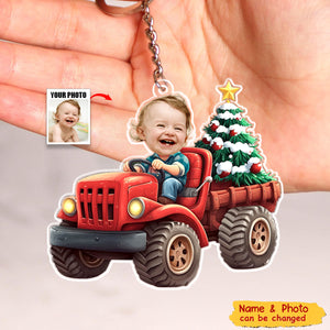Kids Riding Red Truck With Christmas Tree - Personalized Acrylic Keychain