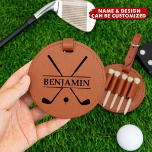 Engraved Leather Golf Tee Holder - Personalized Golf Bag Tag, Golf Gift For Men