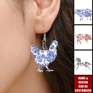 Farm Animals Toile De Jouy Chicken Cow Donkey Pig - Personalized Acrylic Earrings