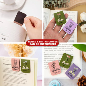 Name Bookmark With Birth Flower - Personalized Leather Magnetic Bookmark, Gift For Book Lovers