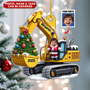 Personalized Xmas Excavator Construction Backhoe Kid Photo Ornament, Gift For Kids