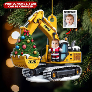 Personalized Xmas Excavator Construction Backhoe Kid Photo Ornament, Gift For Kids