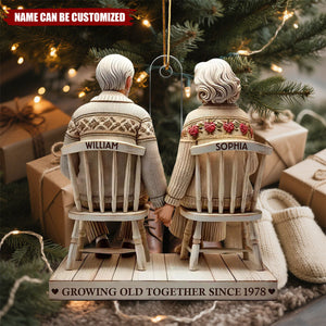 Old Couple Holding Hands Sitting Together - Personalized Acrylic Christmas Ornament, Gift For Couple