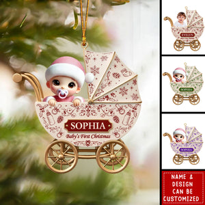 Baby Carriage Toile De Jouy - Personalized Acrylic Ornament, Baby's First Christmas Gift