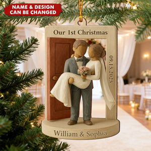 Groom Carrying Bride Threshold Door - Personalized Wooden Ornament, Just Married Newlyweds Marriage Keepsake