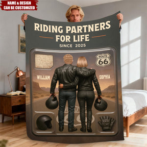 Custom Figure Couple Bikers Riding Partners For Life - Personalized blanket