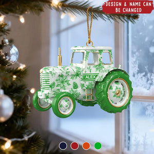 Personalized Tractor Ornament, Blue Toile de Jouy Floral Farm Design With Gold Details