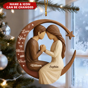 Couple Love to the Moon and Back Wooden Effect - Personalized Acrylic Ornament