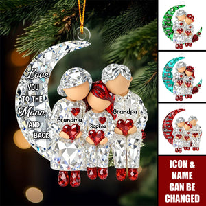 Crystal Effect Grandma Grandpa Grandkid Sitting on Moon - Personalized Acrylic Ornament - Christmas Gift
