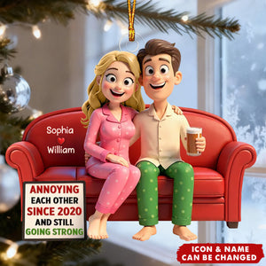 Cartoon Couple Annoying Each Other - Personalized Acrylic Ornament - Christmas Gift for him, Gift for her