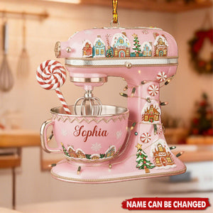 Personalized Pink Stand Mixer Ornament: Gingerbread House Design, Custom Name Baker Gift