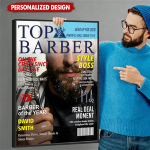Personalized Barber Magazine Cover Poster, Custom Barber Photo Canvas