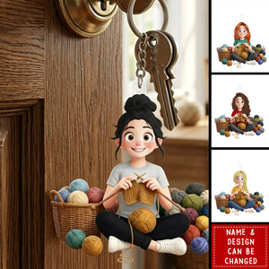 Personalized Acrylic Keychain - Cartoon Crochet Knitting Girl Hobby Keepsake