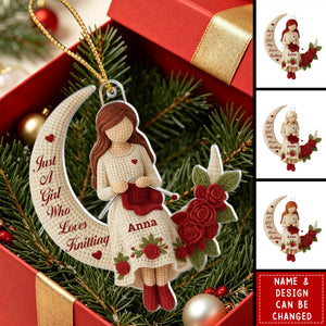 Just A Girl Who Loves Knitting, Girl and Roses, Custom Acrylic Christmas Ornament, Gift for Knitters