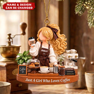 Personalized Girl With Coffee Ornament - Coffee Lover Christmas Ornament