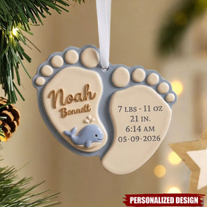 New Baby Ornament - Personalized Baby Footprint Birth Stats Ornament