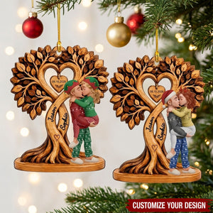Custom Christmas Couple Kissing Couple Under Heart Tree - Personalized Wooden Ornament