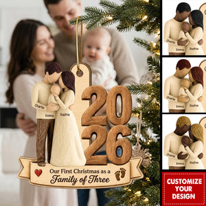 Our First Christmas As Family Of Three Custom Year - Personalized Wooden Ornament