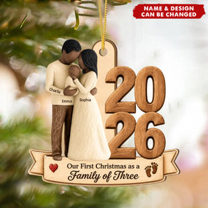 Our First Christmas As Family Of Three Custom Year - Personalized Wooden Ornament