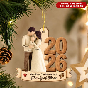 Our First Christmas As Family Of Three Custom Year - Personalized Wooden Ornament
