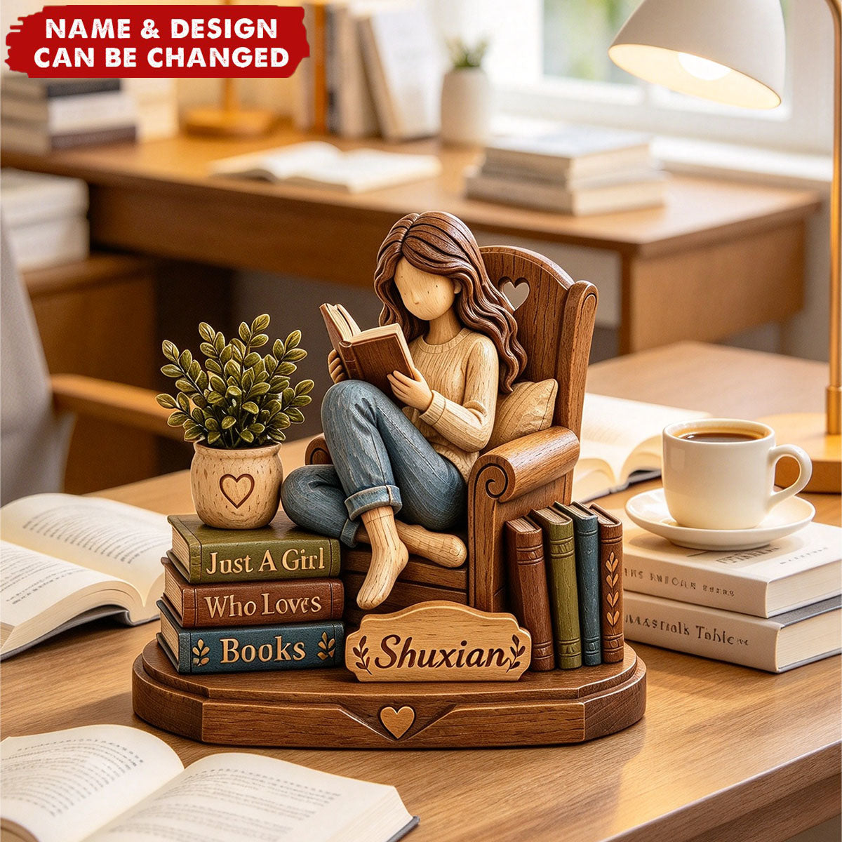 Personalized Wooden Figure For Reading Lover, Custom Personalized Reading Girl Desk Decoration