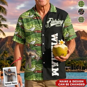 Custom Photo Bass Fish Fishing Makes Me Happy - Custom Photo Hawaiian Shirt