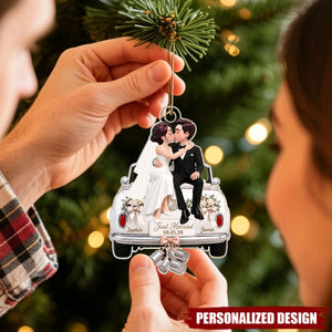 Groom Bride Sitting On Wedding Car - Personalized Acrylic Ornament - Wedding Keepsake