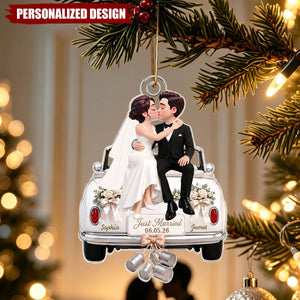 Groom Bride Sitting On Wedding Car - Personalized Acrylic Ornament - Wedding Keepsake