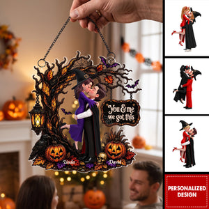 Couple Embracing Under a Spooky Halloween Tree – Personalized Acrylic Window Hanging